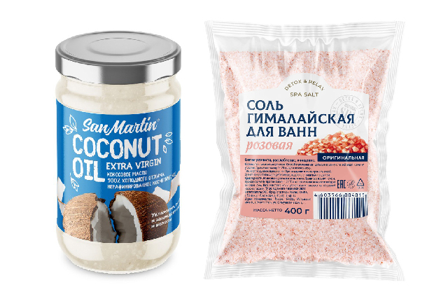 Специальная цена на Набор  из SAN MARTIN масло кокосовое холодного отжима нерафинированное косметическое 350мл и DETOX & relax соль для ванн гималайская розовая оригинальная 400гр 