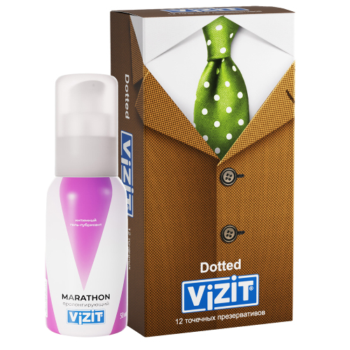 Набор Vizit гель-лубрикант Marathon пролонгирующий 50 мл + Vizit презерватив Dotted точечные 12 шт.