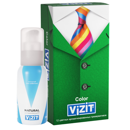 Набор Vizit гель-лубрикант Natural увлажняющий 50 мл + Vizit презерватив color цветные ароматизированные 12 шт.