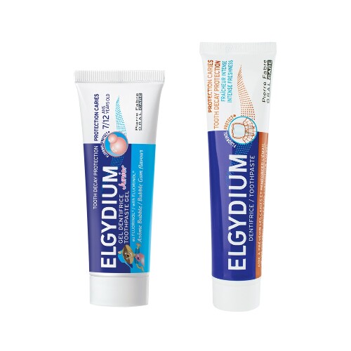 Набор ЭЛЬГИДИУМ ЗУБНАЯ ПАСТА-ГЕЛЬ ДЛЯ ДЕТЕЙ СТАРШЕ 7 ЛЕТ ЗАЩИТА ОТ КАРИЕСА СО ВКУСОМ ЖВАЧКИ 50МЛ + ЭЛЬГИДИУМ ЗУБНАЯ ПАСТА ЗАЩИТА