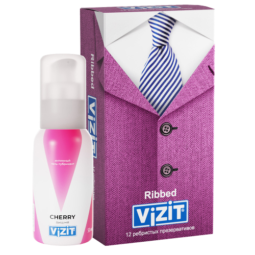 Набор Vizit гель-лубрикант Cherry с ароматом вишни 50 мл + Vizit презерватив Ribbed ребристые 12 шт.