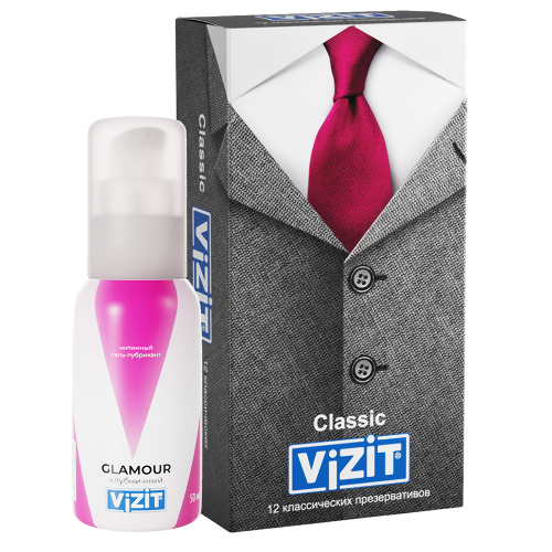 Набор Vizit гель-лубрикант Glamour клубничный 50 мл + Vizit презерватив classic классические 12 шт.