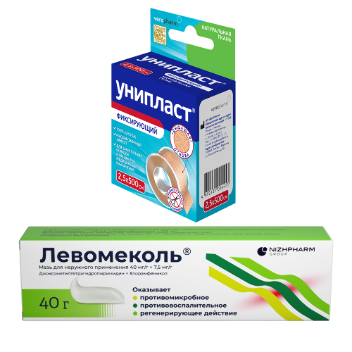 Набор для ран Унипласт фикс. 2,5х500 см/натуральный и Левомеколь 40 гр