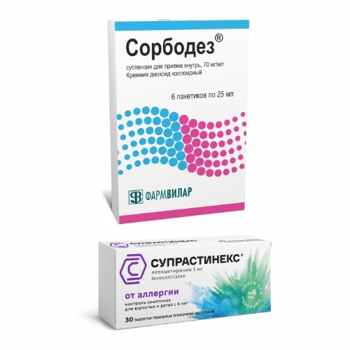 Набор СУПРАСТИНЕКС 0,005 N30 ТАБЛ П/ПЛЕН/ОБОЛОЧ + Сорбодез 70 мг/мл 6 шт. пакет суспензия для приема внутрь 25 мл
