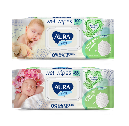 Купить Aura baby салфетки влажные детские с алоэ вера 100 шт. с крышкой цена