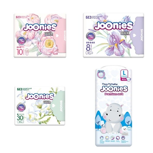 Набор JOONIES: подгузники для детей PREMIUM SOFT L/9-14КГ N42 + женские прокладки дневные, ночные и ежедневные