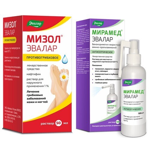 Набор МИЗОЛ ЭВАЛАР 1% 50МЛ Р-Р Д/НАРУЖ ПРИМ + МИРАМЕД ЭВАЛАР 0,01% 150МЛ ФЛАК Р-Р Д/МЕСТ/НАРУЖ ПРИМ+НАСАДКА-РАСПЫЛИТЕЛЬ