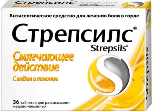 Стрепсилс 36 шт. таблетки для рассасывания вкус медово-лимонные
