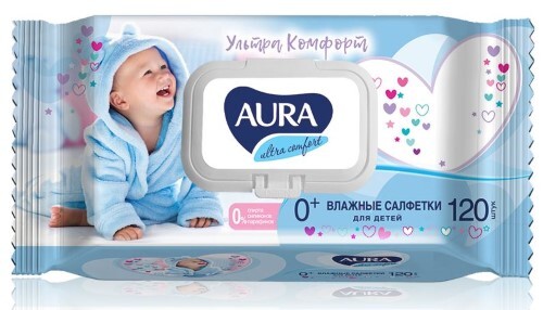 Купить Aura влажные салфетки для детей с экстрактом алоэ и витамином е 120 шт с крышкой цена