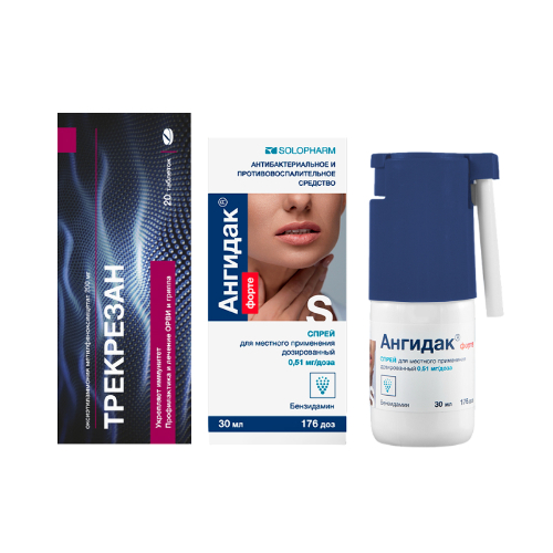 Набор Трекрезан табл. №20 при ОРВИ + Ангидак форте 30мл спрей при боли в горле со скидкой