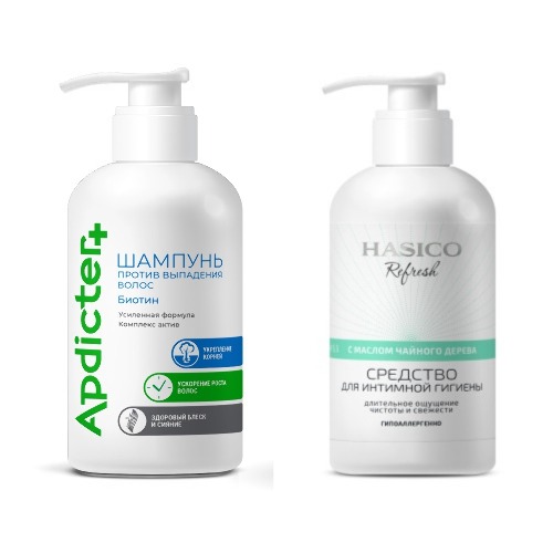 Набор из 2х средств HASICO: Шампунь против выпадения волос 250 мл+ СРЕДСТВО ДЛЯ ИНТИМНОЙ ГИГИЕНЫ С МАСЛОМ ЧАЙНОГО ДЕРЕВА