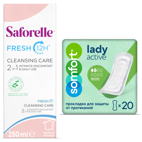 Набор Сафорель гель д/интим гиг экстра свежесть 250мл + Somfort прокладки впит Lady active mini №20 со скидкой