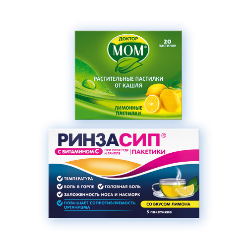 Набор - ДОКТОР МОМ® Пастилки от кашля №20 (лимон) + РИНЗАСИП® с ...