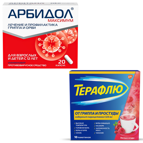 Набор Арбидол Максимум капс №20 + Терафлю от гриппа и простуды N10 пак пор/лесные ягоды - со скидкой