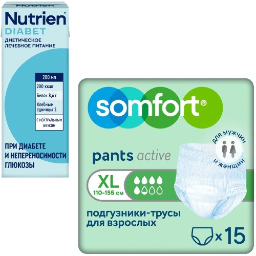 Набор Somfort подгузники для взрослых active normal размер XL №15 + Нутриэн диабет с нейтральным вкусом 200мл со скидкой