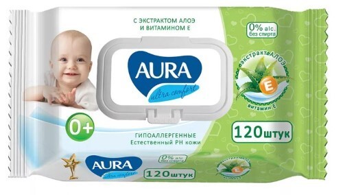 Aura влажные салфетки для детей с экстрактом алоэ и витамином е 120 шт с крышкой