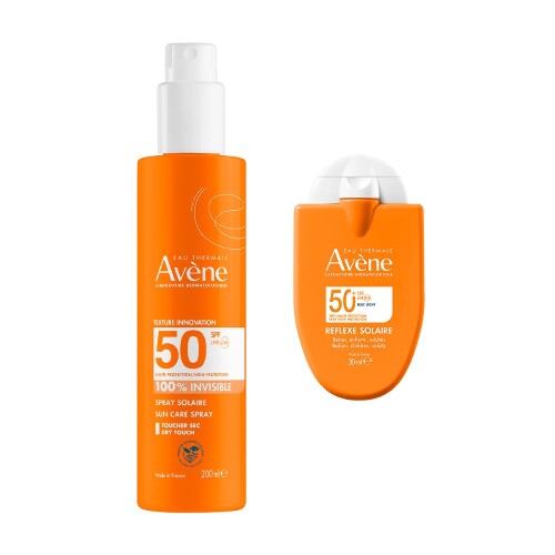 Набор AVENE: СПРЕЙ СОЛНЦЕЗАЩИТ НЕВИДИМЫЙ Д/ЧУВСТВИТ КОЖИ SPF50 200МЛ + СОЛНЦЕЗАЩИТ КОМПАКТ-ЭМУЛЬСИЯ Д/ВСЕЙ СЕМЬИ SPF50+ 30МЛ