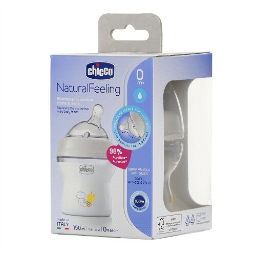 Chicco natural feeling бутылочка для кормления соска силиконовая наклонная 0+ 150 мл/нейтральная