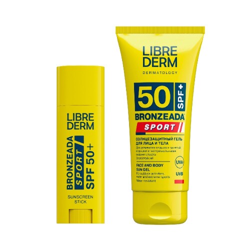 Набор ЛИБРИДЕРМ БРОНЗИАДА: гель солнцезащитный для лица и тела SPF50 50мл + стик для губ и лица солнцезащитный SPF50