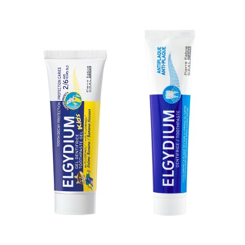 Набор ЭЛЬГИДИУМ ЗУБНАЯ ПАСТА-ГЕЛЬ Д/ДЕТЕЙ ОТ 2 ДО 6 ЛЕТ ЗАЩИТА ОТ КАРИЕСА СО ВКУСОМ БАНАНА 50МЛ + ЭЛЬГИДИУМ ЗУБНАЯ ПАСТА ПРОТИВ 