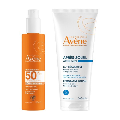 Набор AVENE СПРЕЙ СОЛНЦЕЗАЩИТНЫЙ НЕВИДИМЫЙ Д/ЧУВСТВИТЕЛЬНОЙ КОЖИ SPF50 200МЛ + AVENE ЛОСЬОН ПОСЛЕ ЗАГАРА ВОССТАНАВЛИВАЮЩИЙ 200МЛ