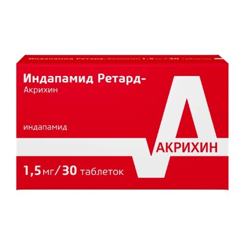 Купить Индапамид ретард-акрихин 1,5 мг 30 шт. таблетки с модифицированным высвобождением, покрытые оболочкой цена