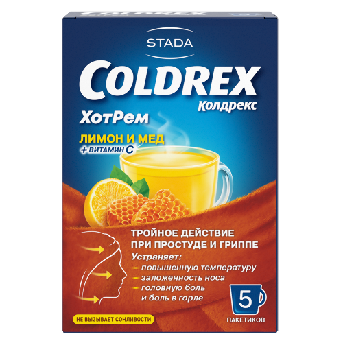 Купить Колдрекс хотрем порошок для приготовления раствора пакет 5 шт. вкус мед-лимон цена