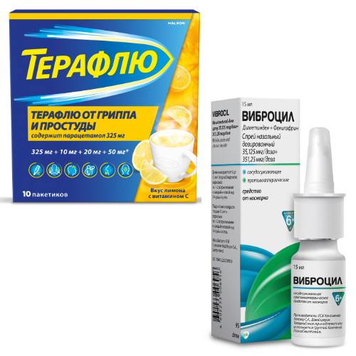 Набор ТЕРАФЛЮ ОТ ГРИППА И ПРОСТУДЫ N10 ПАК ПОР/ЛИМОН + Виброцил 35,125 мкг/доза+351,25 мкг/доза (95 доз) флакон спрей назал 15мл