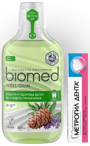 Набор - Метрогил дента гель для десен 20 гр+ Biomed комплексный ополаскиватель для полости рта здоровье десен 500 мл