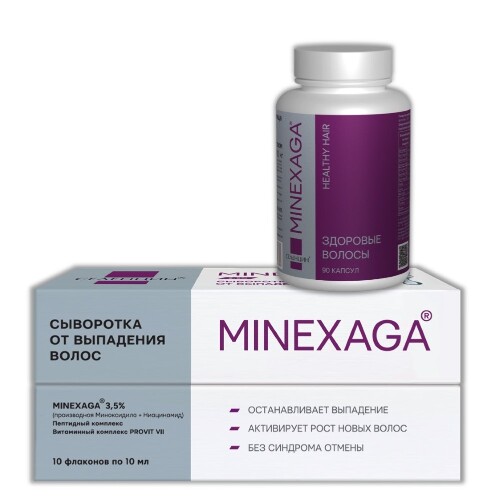 Набор СЕЛЕНЦИН: MINEXAGA СЫВОРОТКА ОТ ВЫПАДЕНИЯ ВОЛОС 10МЛ N10 + МИНЕКСАГА ЗДОРОВЫЕ ВОЛОСЫ N90 КАПС ПО 700МГ