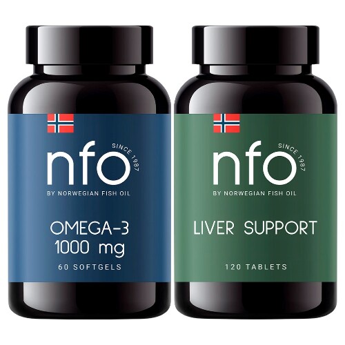 Набор NFO NORWEGIAN FISH OIL ОМЕГА-3 1000МГ N60 КАПС ПО 1450МГ + NFO ПОДДЕРЖКА ПЕЧЕНИ N120 ТАБЛ ПО 750,1МГ со скидкой