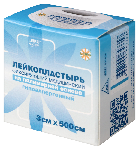 Лейкопластырь leiko (лейко) фиксирующий медицинский на полимерной основе гипоаллергенный 3х500 см