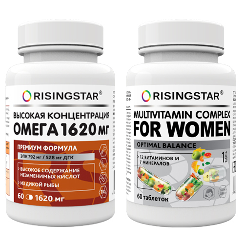 Набор RISINGSTAR: ОМЕГА-3 жирные кислоты высокой концентрации 60 капс. по 1620мг + ПОЛИВИТАМИННЫЙ МИНЕРАЛЬНЫЙ КОМПЛЕКС для женщи