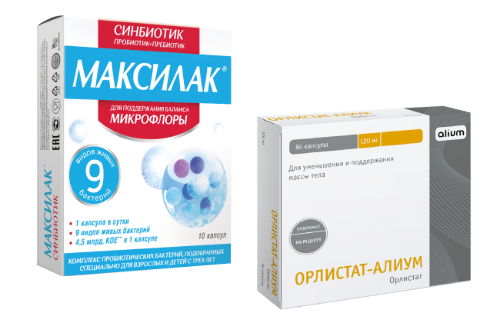 Набор  для терапии ожирения и нормализации микрофлоры кишечника Максилак N10 капс + Орлистат-алиум 0,12 N84 капс