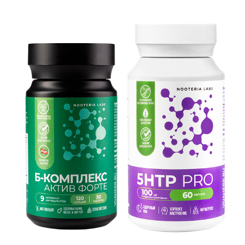 Набор из 1 уп. NOOTERIA LABS Б-КОМПЛЕКС АКТИВ ФОРТЕ N30 ТАБЛ ПО 549МГ+1 уп. NOOTERIA LABS 5HTP PRO (5-ГИДРОКСИТРИПТОФАН) N60 КАП