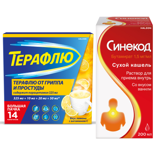 Набор Терафлю от гриппа и простуды N14 пак пор/лимон + Синекод 1,5мг/мл флак р-р д/приема внутрь 200мл со скидкой 15%