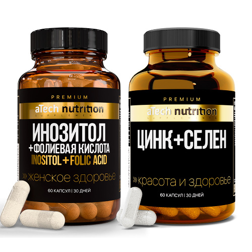 Набор Atech nutrition premium инозитол+фолиевая кислота №60 капс + Atech nutrition premium цинк+селен №60 капс со скидкой 20%