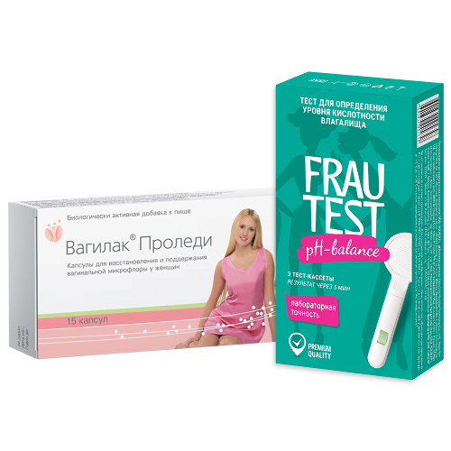 Набор ВАГИЛАК ПРОЛЕДИ N15 КАПС ПО 227МГ + ТЕСТ ДЛЯ ОПРЕДЕЛЕНИЯ УРОВНЯ КИСЛОТНОСТИ ВЛАГАЛИЩА FRAUTEST PH-BALANCE