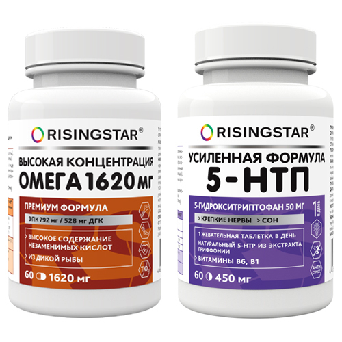 Набор RISINGSTAR: ОМЕГА-3 жирные кислоты высокой концентрации 60 капс. + 5-HTP АЛЬПИГРАС 60 табл.