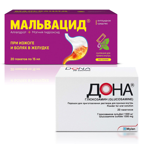 Набор из ДОНА 1500 мг 20 пакетиков + МАЛЬВАЦИД 15мл 20 пакетов суспензия для приема внутрь