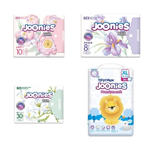 Набор JOONIES: подгузники для детей PREMIUM SOFT XL/12-17КГ N38 + женские прокладки дневные, ночные и ежедневные