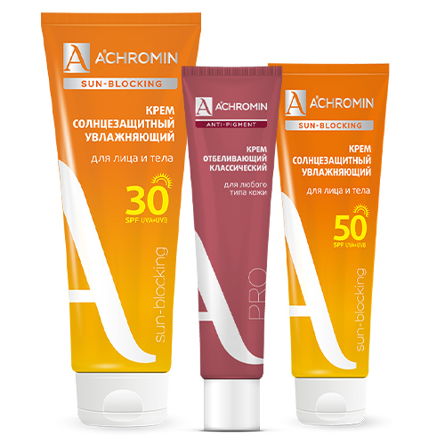 Набор ACHROMIN: солнцезащитные кремы для лица и тела с spf 30 250 мл + экстра-защита spf50 100 мл + отбеливающий крем 45мл