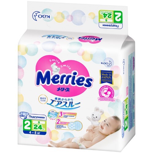 Купить Merries подгузники для детей на липучках размер s 4-8 кг 24 шт. цена