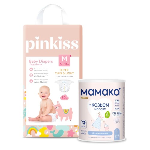 Набор МАМАКО-1 PREMIUM СМЕСЬ СУХ НА КОЗЬЕМ МОЛОКЕ С ОЛИГОСАХАРИДАМИ ГРУДНОГО МОЛОКА 400г + PINKISS ПОДГУЗНИКИ M/6-11 кг/ 50 шт