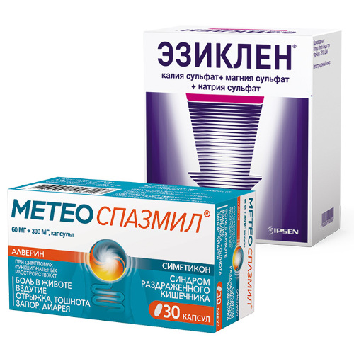 Набор Метеоспазмил 30 шт. капсулы и Эзиклен концентрат флакон 2 шт. 176 мл по спец. цене