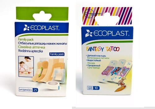 Набор ECOPLAST НАБОР ПЛАСТЫРЕЙ МЕД FAMILY PACK N25 + ECOPLAST НАБОР ПЛАСТЫРЕЙ МЕД ПОЛИМЕР FANTASY TATTOO N10 со скидкой