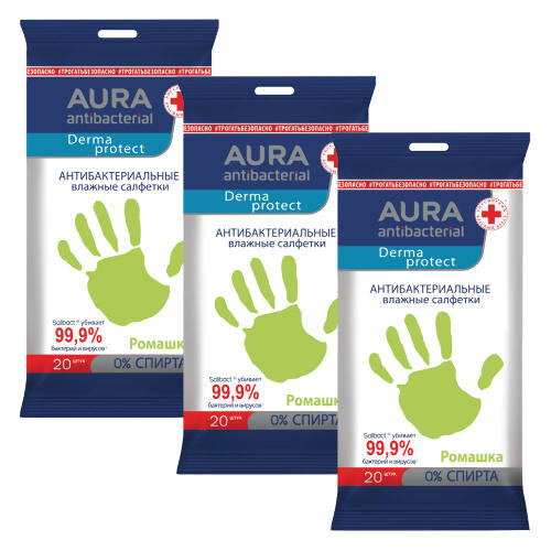 Набор AURA ANTIBACTERIAL влажные салфетки антибактериальные 20шт из 3 упаковок со скидкой 25%