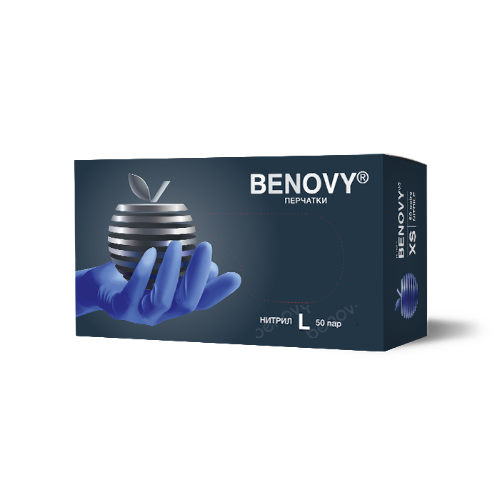 Перчатки смотровые benovy нитриловые нестерильные неопудренные текстурированные на пальцах хлорированные l 50 пар/сиренево-голубой/
