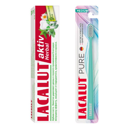 Набор LACALUT ЗУБНАЯ ПАСТА AKTIV HERBAL 50МЛ + LACALUT PURE ЗУБНАЯ ЩЕТКА СРЕДНЕЙ ЖЕСТКОСТИ со скидкой