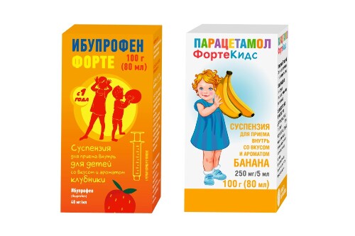 Набор жаропонижающих средств для малышей: Ибупрофен Форте (клубника) + Парацетамол ФортеКидс (банан) - со скидкой 20%
